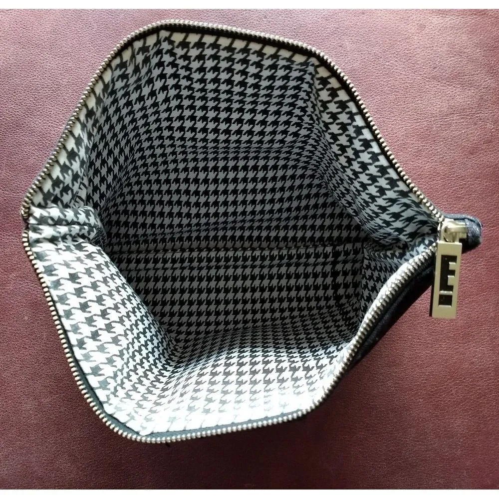 E Cosmetics Black Canvas Zippered Cotton Houndstooth Makeup Toiletry‎ Travel Bag